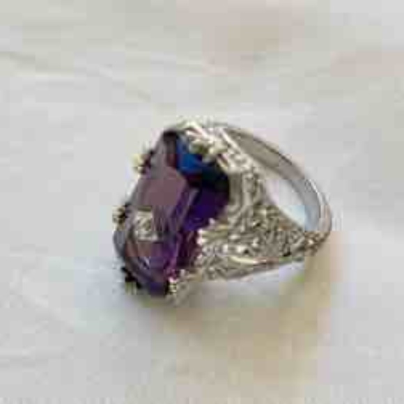 Large  Silver Tone Clear Purple Stone Ring with CZ Accent / Antique Reproduction - Picture 5 of 14
